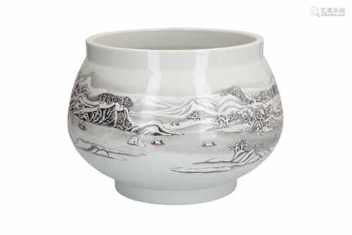 A polychrome porcelain jar, decorated with a mountainous river landscape in winter. Dated 1990.