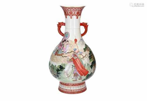 A polychrome porcelain vase, decorated with a warrior, horseman, figures and characters. Marked with