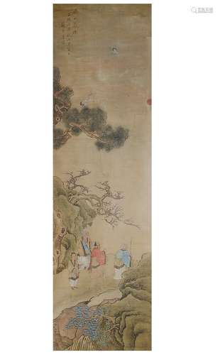 Scroll depicting figures in a landscape with rocks, flowers and birds. Dated 1508. After Tang Yin '