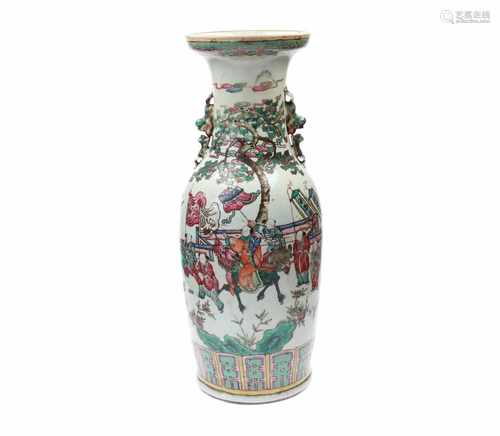 A polychrome porcelain vase, decorated with figures and flowers. Unmarked. China, 19th century. H.