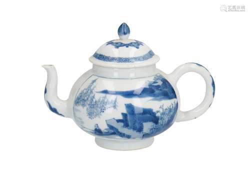 A blue and white porcelain teapot, decorated with an angler in a boat and a figure in a landscape.