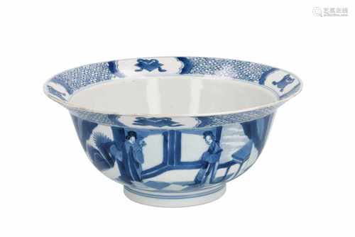 A blue and white porcelain 'klapmuts' bowl, decorated with long Elizas and little boys. Marked