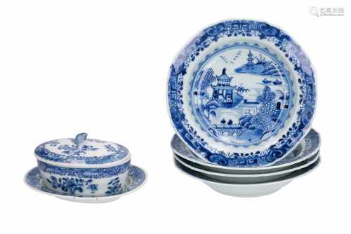 A set of four blue and white export porcelain deep saucers, decorated with a river landscape with