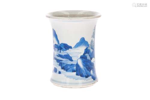 A blue and white porcelain brushpot, decorated with a mountainous river landscape with figures.