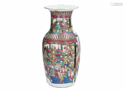 A Famille Rose porcelain vase with a decor of the 100 boys in and around the theatre. The scene is