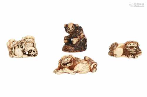 Lot of five netsuke, 1) Ivory shishi with ball. H. 3 cm. 2) Ivory reclining shishi with branch. L. 4