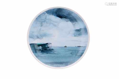 A polychrome porcelain dish, depicting wind above the sea. Signed Li Linhong (1942), director of the