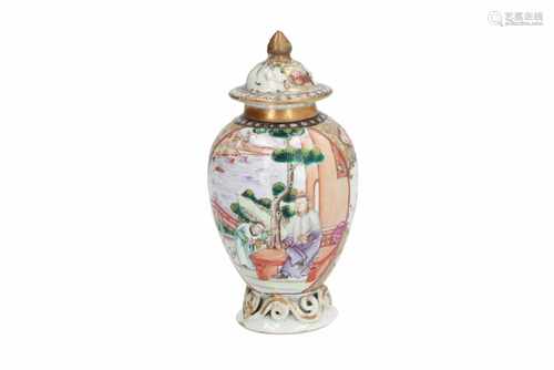 A polychrome porcelain tea caddy, decorated with river landscapes, figures and birds. Unmarked.