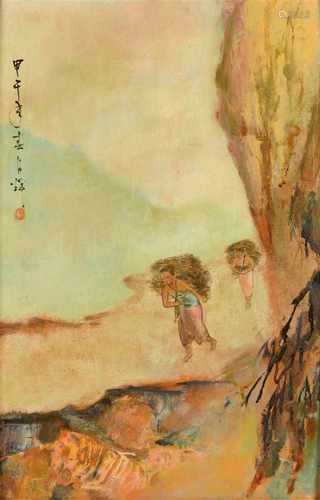 'Two women collecting firewood', signed t.l., board. Dim. 59 x 39 cm.