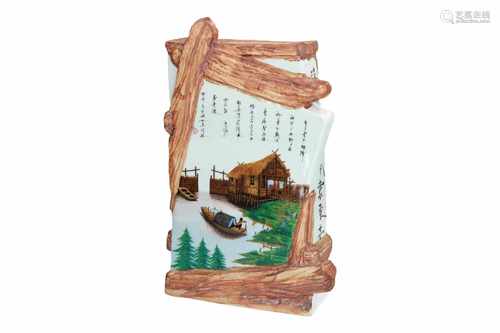 A polychrome porcelain advertisement display, decorated with a poem and a fisherman next to a house.