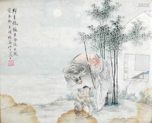 A scroll in frame depicting an old man with little boy and ox at the river. Signed Lu Xin. China,