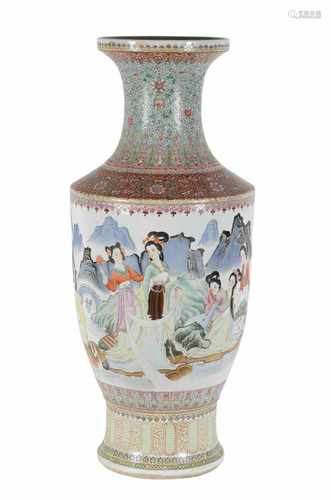 A large polychrome porcelain vase, decorated with six ladies and characters. Unmarked. Dated 1990.