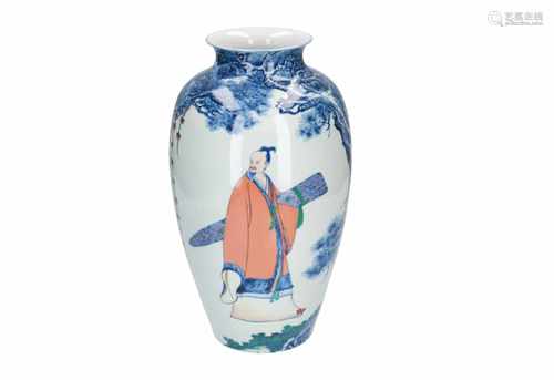 A Doucai porcelain vase, decorated with a figure, tree and poem. Signed Xin Qing Shan (1938-1993),