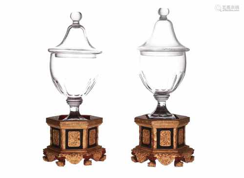 A pair of crystal ginger coupes. Holland, Biedermeier, 19th century. On wooden base. China, 19th