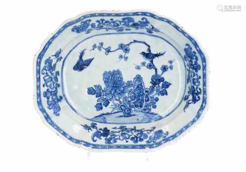 A blue and white porcelain salad bowl, decorated with flowers and birds. Unmarked. China,