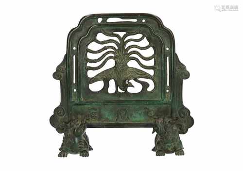 A bronze table screen, decorated with a phoenix and two legs in the shape of Fo-dogs. China, 20th