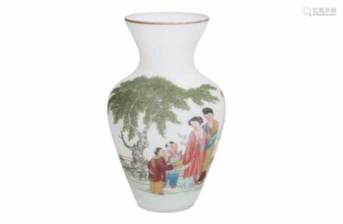 A polychrome opaline vase, decorated with figures, little boys and calligraphy. Unmarked. China,