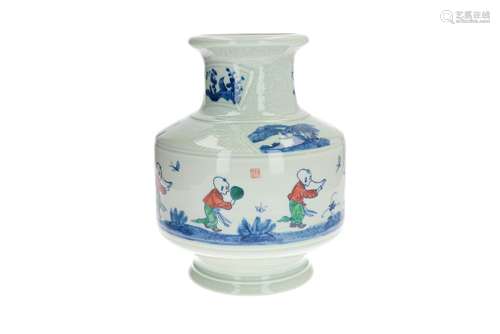 A Doucai porcelain vase, decorated with playing little boys. Created 1990, by Li Gui Hua. Marked