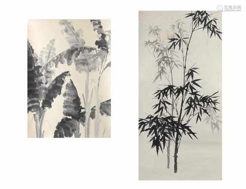 Lot of two scrolls, 1) black and white decor of leaves. Dim. 51,5 x 37 cm. 2) black and white