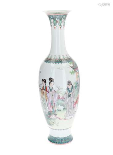 A large polychrome eggshell porcelain vase, decorated with figures in a garden. Dated 1989. Signed