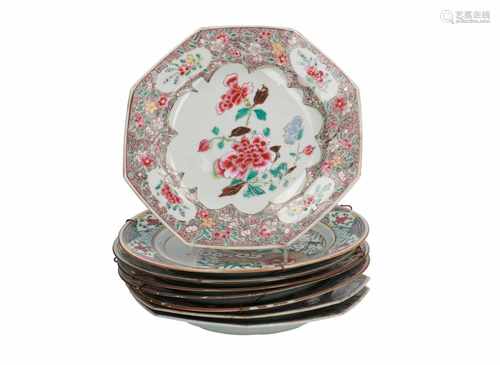 A set of five Famille Noir porcelain dishes, decorated with prunus and peonies. Added a set of three