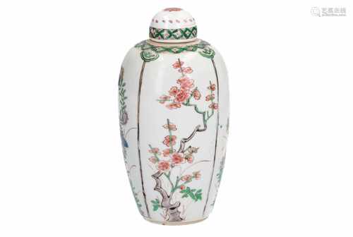 A Famille Verte porcelain lidded vase, decorated with panels and flower branches. Unmarked. China,