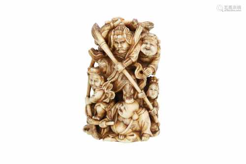 Ivory netsuke okimono of the seven lucky gods. Signed Kazumasa. Japan, 19th century. H. 7,5 cm. L.