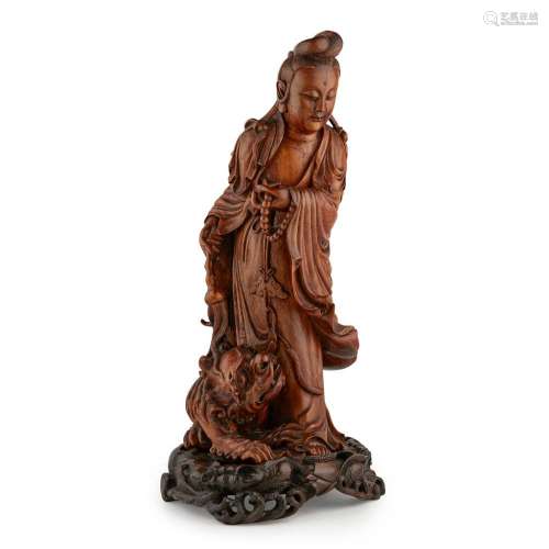 CARVED BOXWOOD FIGURE OF GUANYIN LATE QING DYNASTY/REPUBLIC PERIOD 39cm high