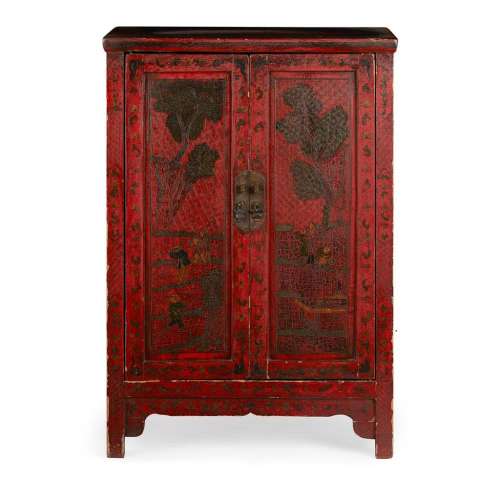 RED LACQUER TWO-DOOR CABINET LATE 19TH CENTURY 103cm high, 68cm wide, 38cm deep