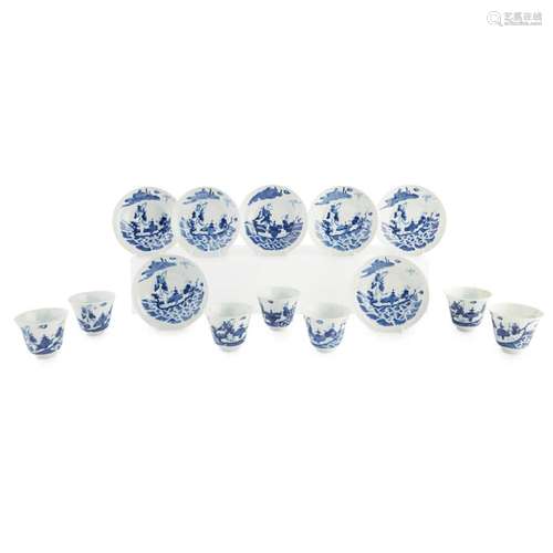 SET OF SEVEN BLUE AND WHITE CUPS AND SAUCERS DAOGUANG MARK AND OF THE PERIOD saucer 15.3cm diam