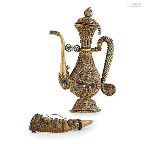 TIBETAN GILT-METAL FILIGREE AND HARDSTONE-EMBELLISHED EWER AND COVER 19TH CENTURY 27cm high