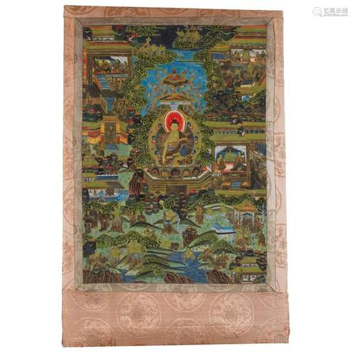 THANGKA DEPICTING SCENES FROM THE LIFE OF BUDDHA EARLY 20TH CENTURY 82cm high, 58cm wide (sight)