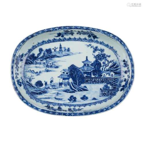 BLUE AND WHITE OVAL SERVING DISH QIANLONG PERIOD 28cm long