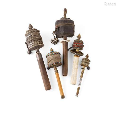 FIVE TIBETAN PRAYER WHEELS 19TH CENTURY largest 31cm long