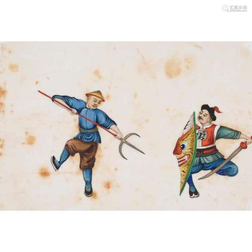 SIX PITH PAPER PAINTINGS DEPICTING MARTIAL ARTS EXERCISES QING DYNASTY, 19TH CENTURY 17.2cm high, 24.2cm wide