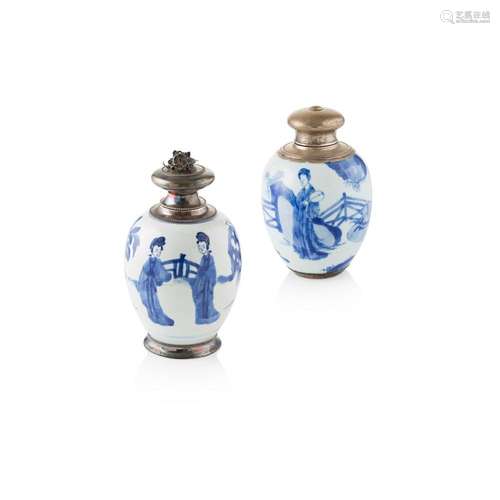 TWO SILVER-MOUNTED BLUE AND WHITE OVOID JARS QING DYNASTY, KANGXI PERIOD OR LATER 17cm high (overall)