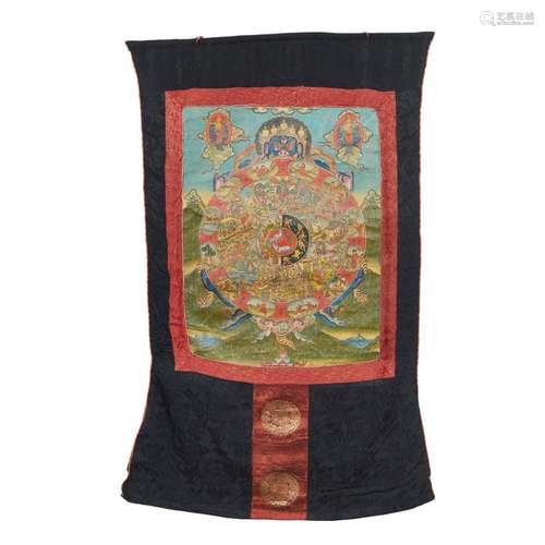 THANGKA DEPICTING BHAVACHAKRA, THE WHEEL OF LIFE LATE 19TH/EARLY 20TH CENTURY 57cm high, 43cm wide (sight)