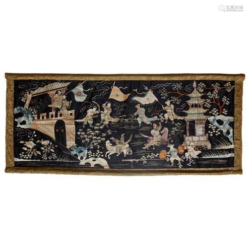 EMBROIDERED SILK BLACK-GROUND PANEL QING DYNASTY, LATE 19TH CENTURY 75cm high, 155cm wide