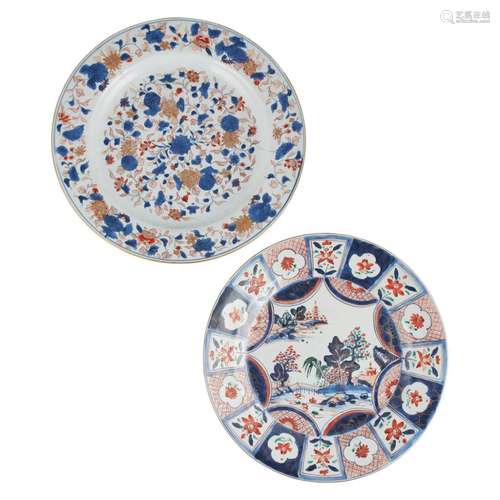 TWO IMARI-PALETTE CHARGERS YONGZHENG PERIOD larger one 36cm diam