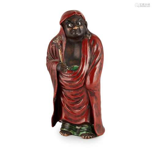 POLYCHROME ENAMELLED PORCELAIN FIGURE OF A LUOHAN LATE 19TH/EARLY 20TH CENTURY 33cm high