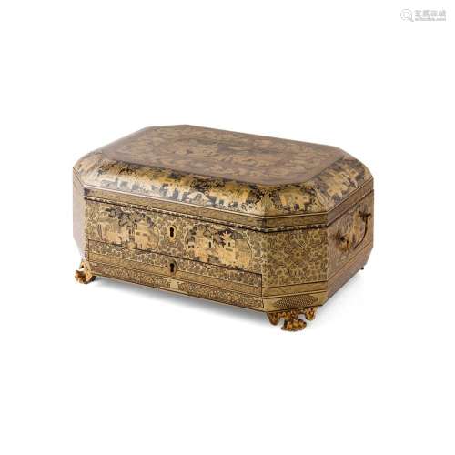 Y CANTON EXPORT LACQUER SEWING BOX AND CONTENTS QING DYNASTY, 19TH CENTURY 36cm wide
