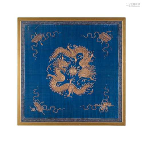 THREE EMBROIDERED SILK PANELS QING DYNASTY, 19TH CENTURY largest 114cm high, 114cm wide (including frame)