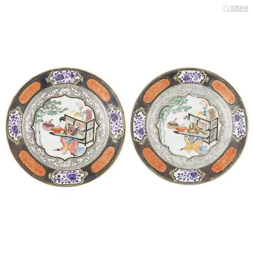 PAIR OF EN GRISAILLE AND FAMILLE ROSE DISHES YONGZHENG PERIOD 22.8cm diam