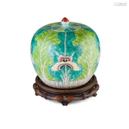 POLYCHROME ENAMELLED 'CABBAGE LEAF' JAR AND COVER QING DYNASTY, 19TH CENTURY 23cm high (excluding stand)