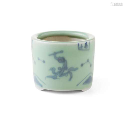 BLUE AND WHITE CELADON-GROUND 'KUI XING KICKING' CENSER 11.2cm wide