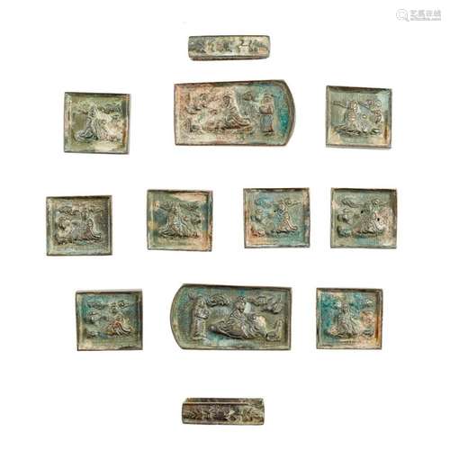 COLLECTION OF TWELVE BRONZE BELT PLAQUES HAN DYNASTY largest 6.2cm wide