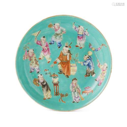 FAMILLE ROSE TURQUOISE GROUND 'BOYS AT PLAY' BOWL AND DISH JIAQING SIX-CHARACTER SEAL MARK, LATE QING DYNASTY/REPUBLIC PERIOD bowl 1.