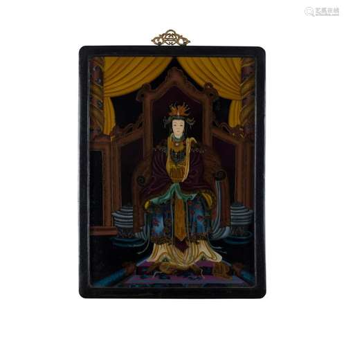 TWO REVERSE GLASS PAINTINGS OF AN EMPEROR AND AN EMPRESS MID 20TH CENTURY 58.8cm high, 43cm wide (overall)