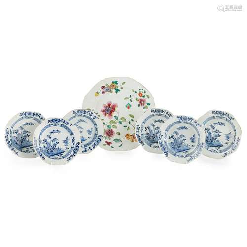 SET OF SIX BLUE AND WHITE EXPORT OCTAGONAL DISHES QIANLONG PERIOD