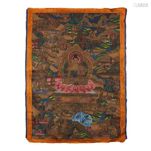 THANGKA OF SHAKYAMUNI BUDDHA LATE 19TH/20TH CENTURY 76cm high, 55cm wide (sight)